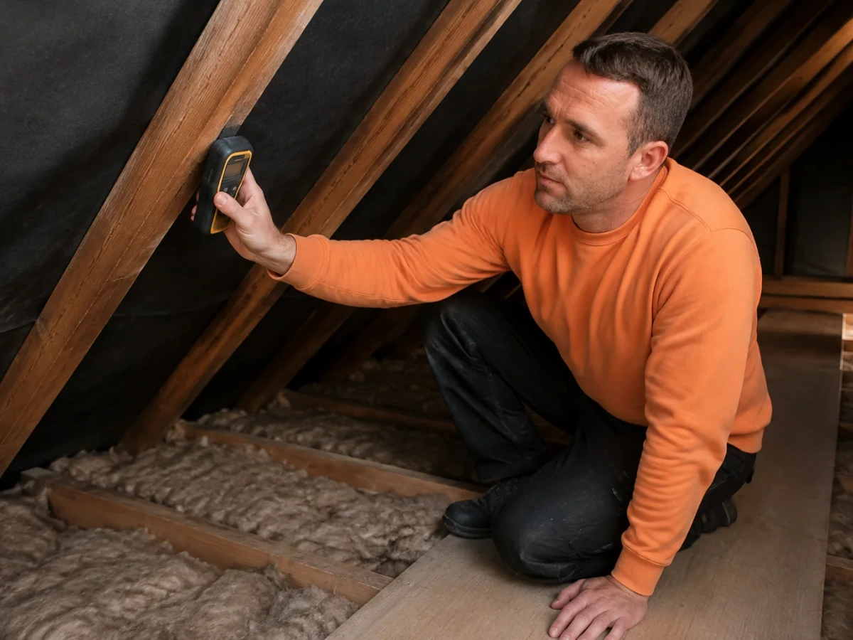 Thomas from Topmark checks a roof rafter with a moisture meter from a boarded loft walkway