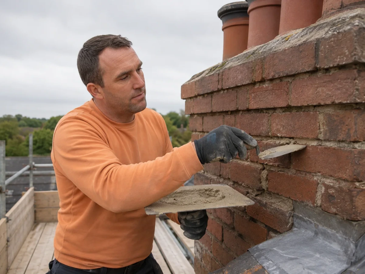 Thomas from Topmark repoints a brick chimney from a fully guarded scaffold platform