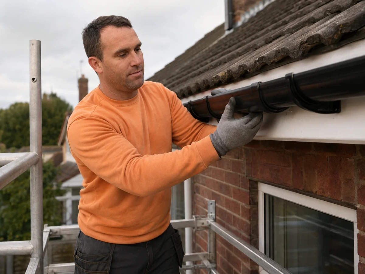 Thomas from Topmark clips black uPVC guttering into fascia brackets from a guarded scaffold tower