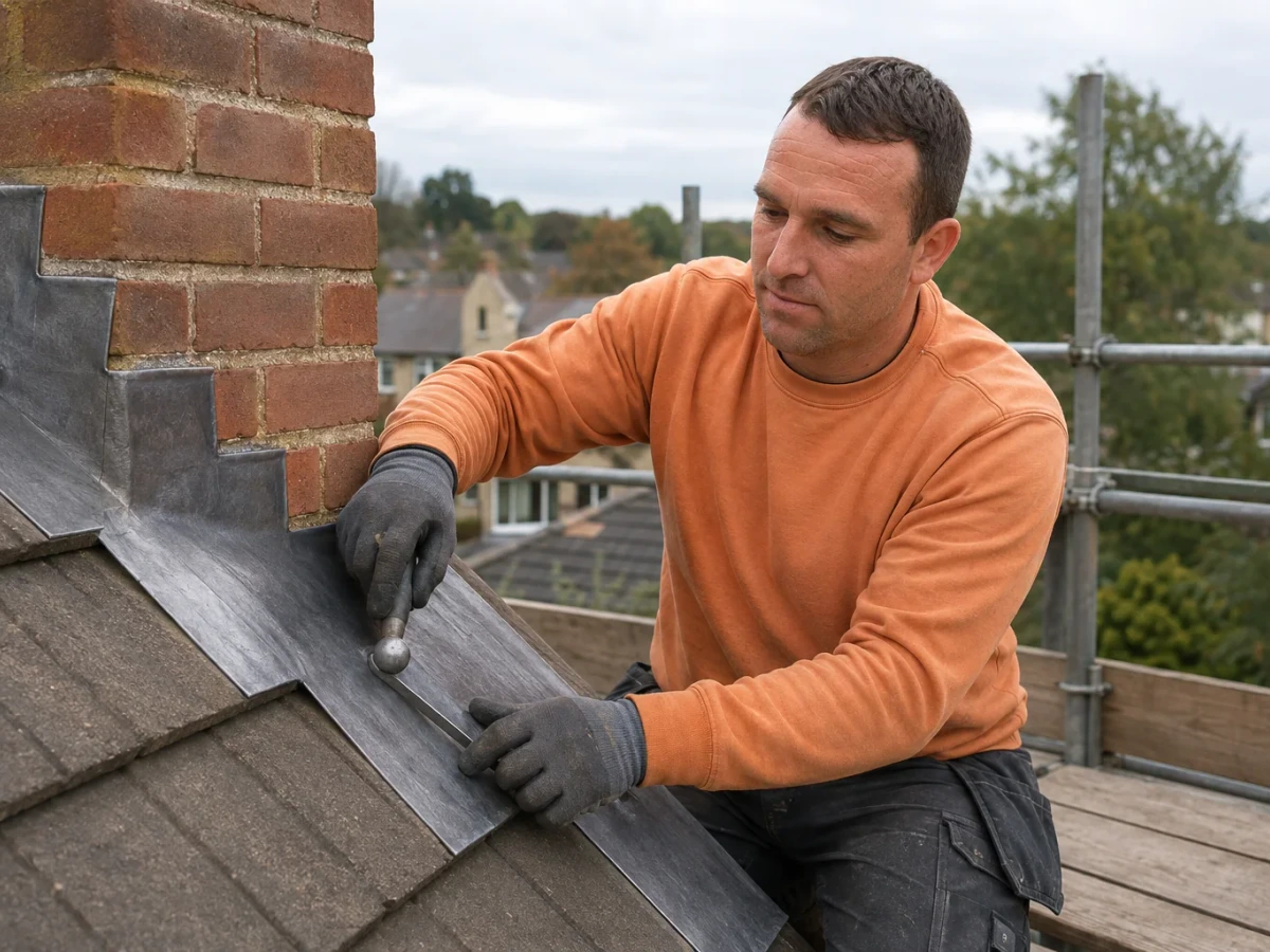 Thomas from Topmark dresses stepped lead flashing around a brick chimney from a guarded scaffold