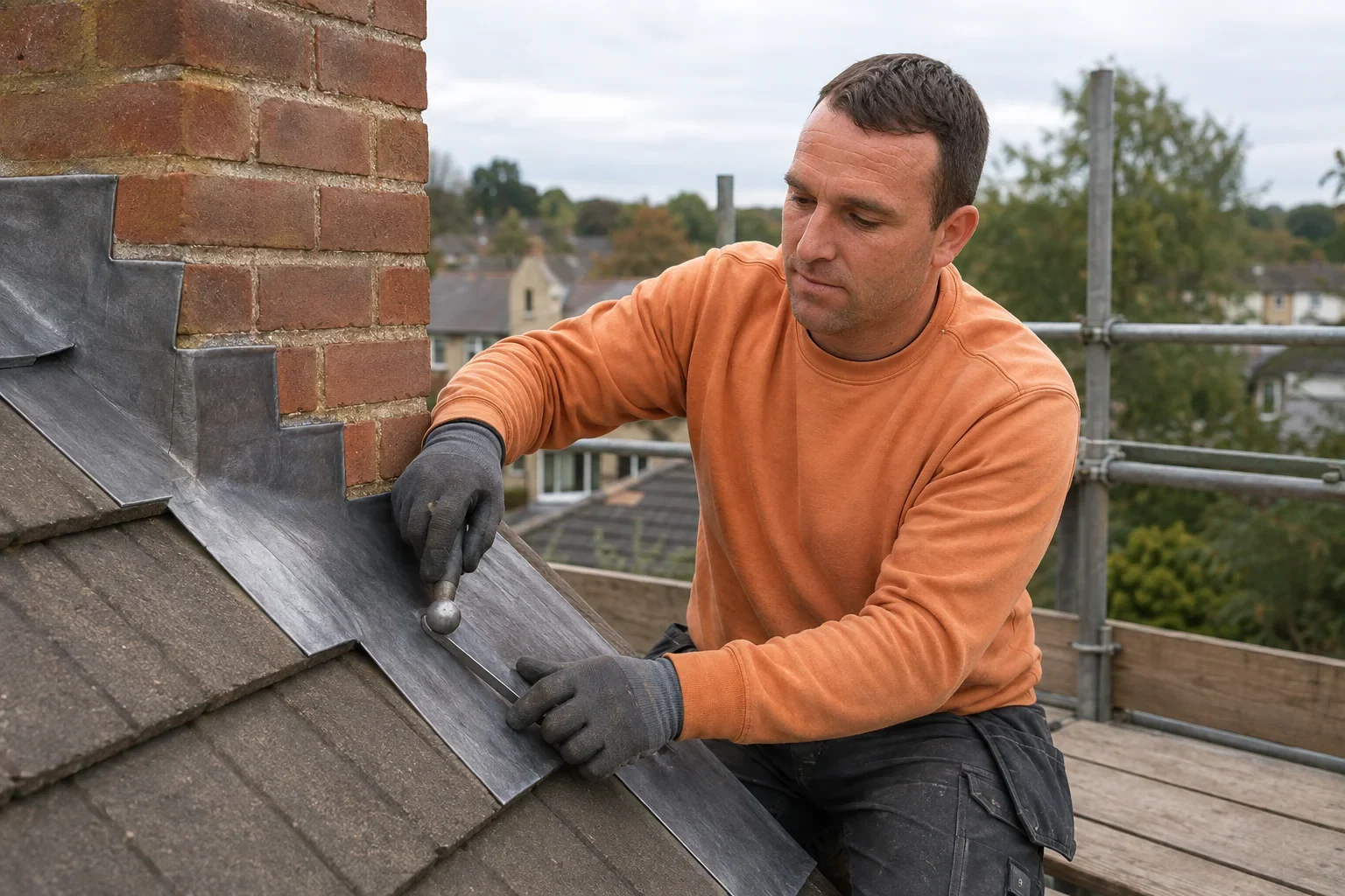 Thomas from Topmark dresses stepped lead flashing around a brick chimney from a guarded scaffold by Topmark property maintenance
