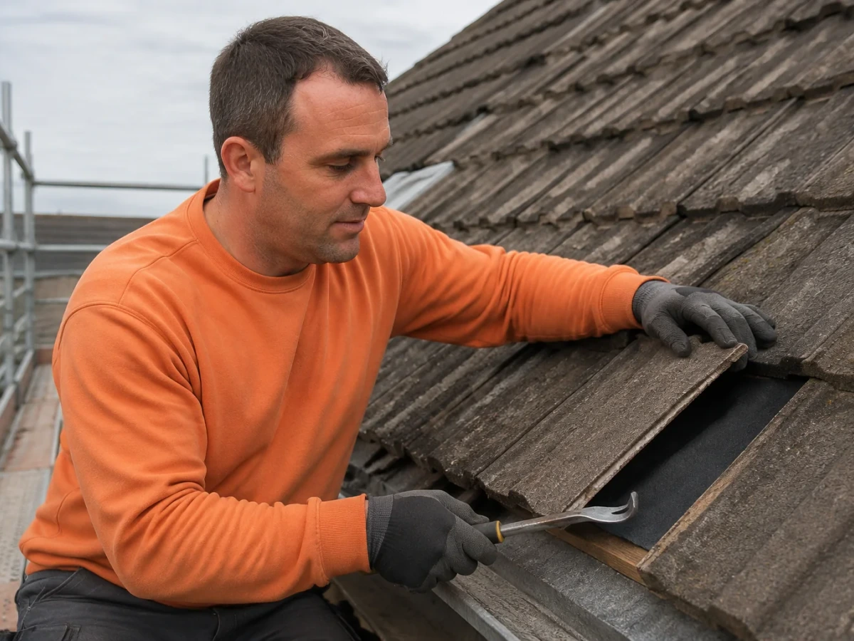 Thomas from Topmark lifts a concrete roof tile to inspect the underlay for a leak from a fully guarded scaffold by Topmark property maintenance