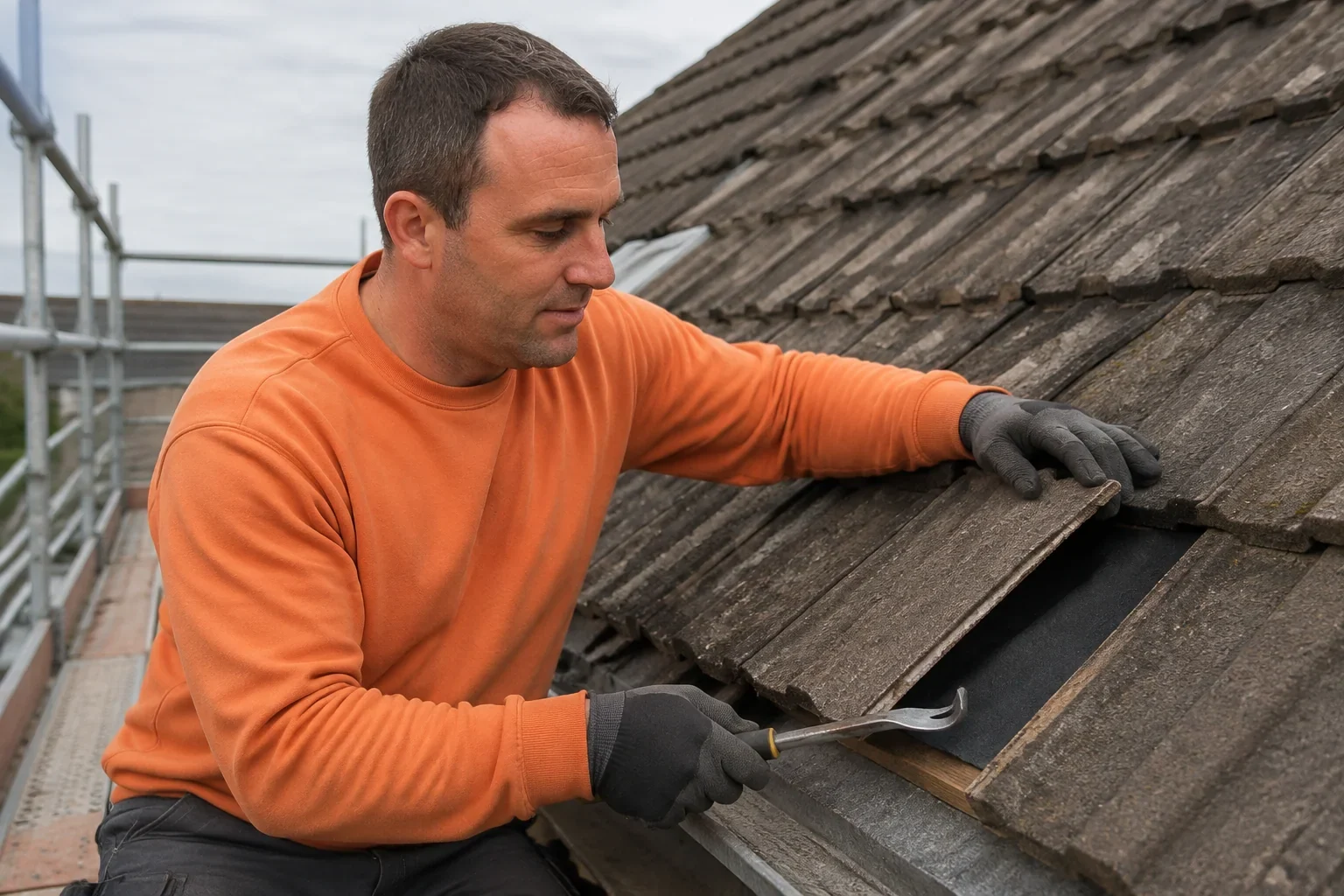 Thomas from Topmark lifts a concrete roof tile to inspect the underlay for a leak from a fully guarded scaffold by Topmark property maintenance