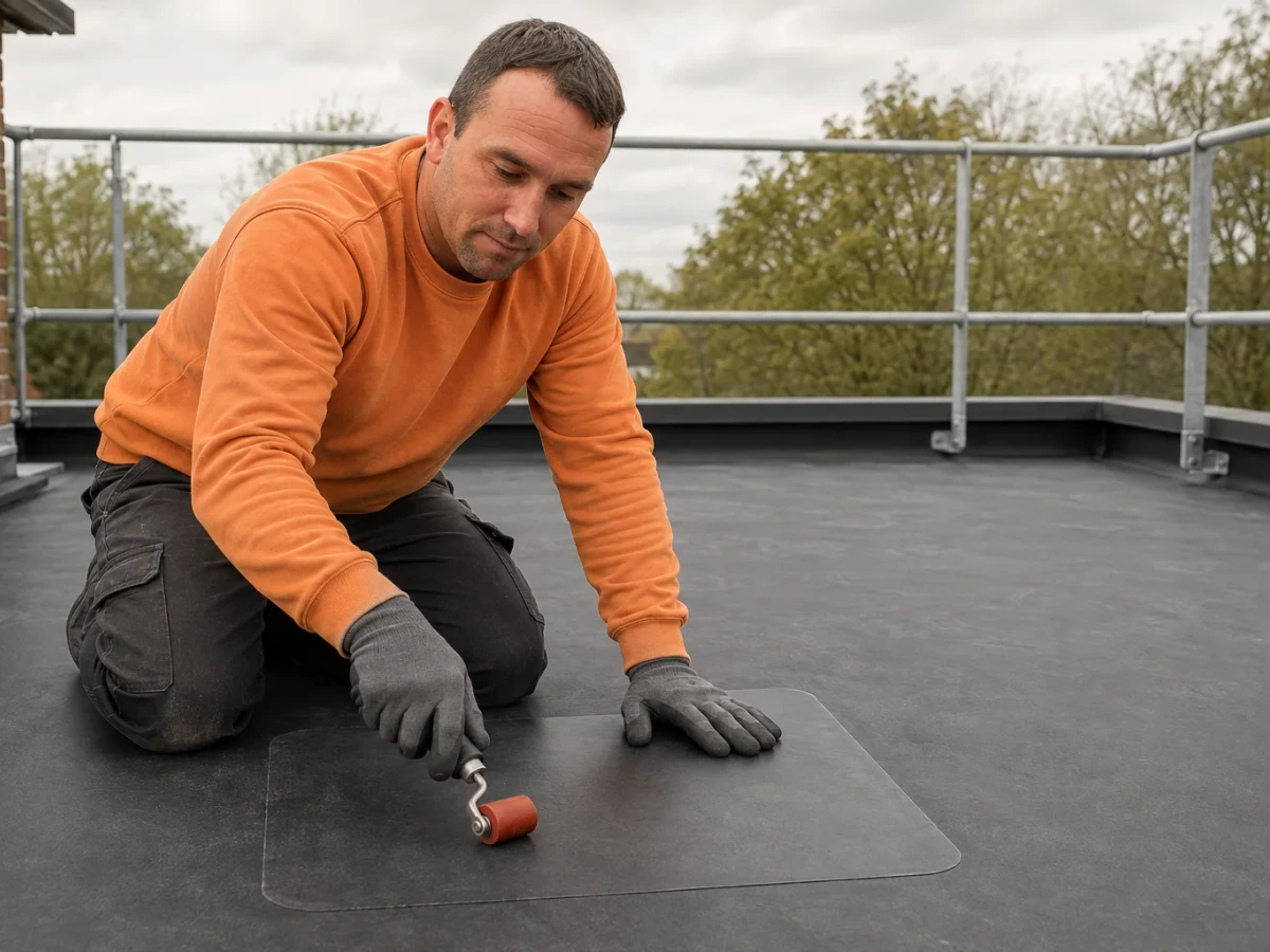 Thomas from Topmark rolls an EPDM repair patch onto a flat roof membrane within full edge protection by Topmark property maintenance