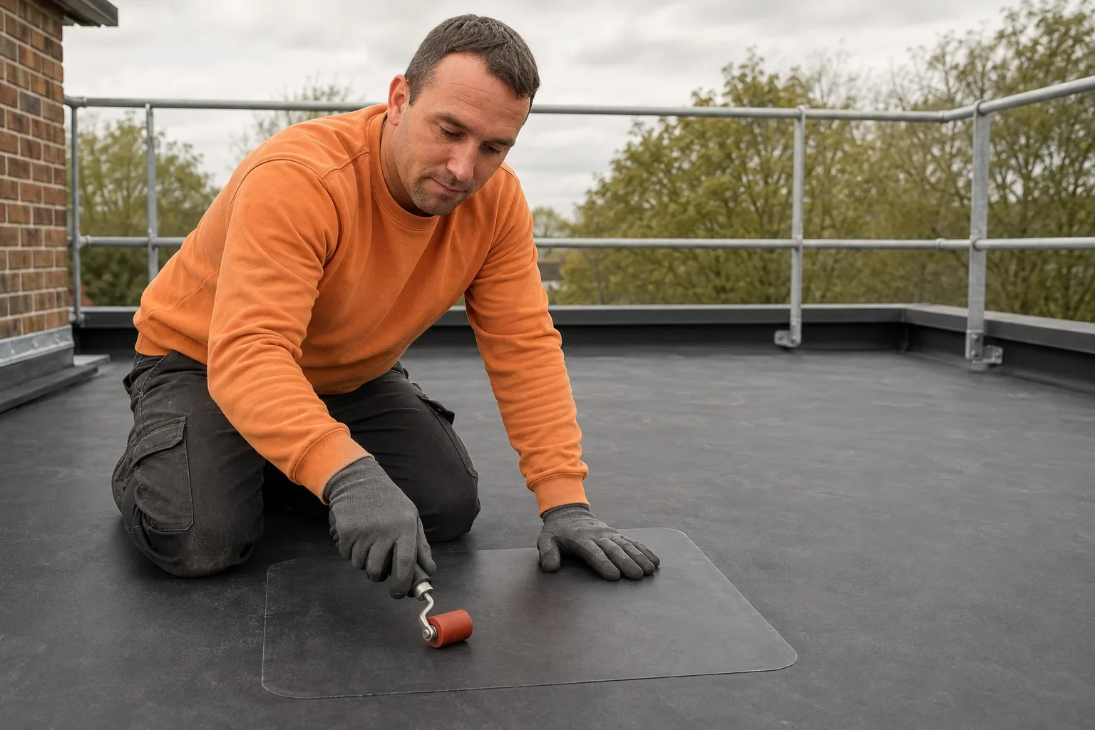 Thomas from Topmark rolls an EPDM repair patch onto a flat roof membrane within full edge protection by Topmark property maintenance