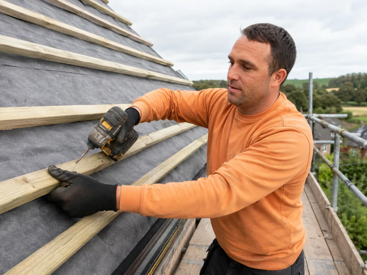 Thomas from Topmark fixes roof battens over breathable membrane from a fully guarded scaffold