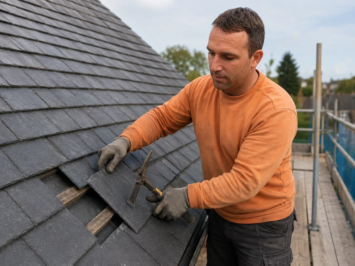 Thomas from Topmark fits a replacement slate on a British pitched roof from a fully guarded scaffold by Topmark property maintenance
