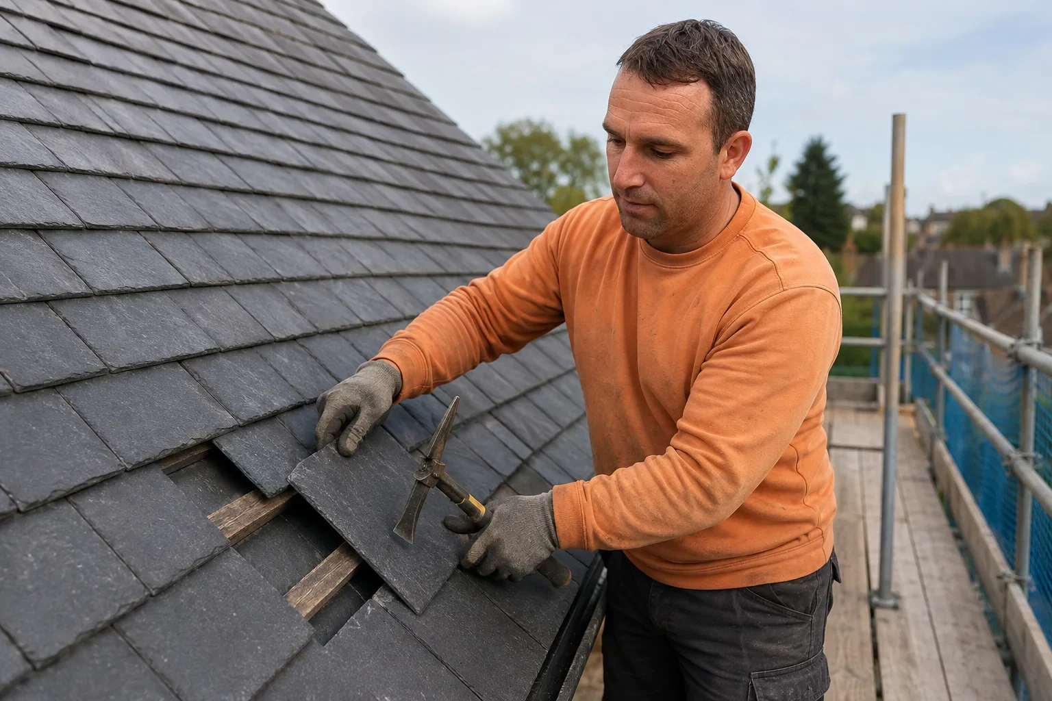Thomas from Topmark fits a replacement slate on a British pitched roof from a fully guarded scaffold by Topmark property maintenance